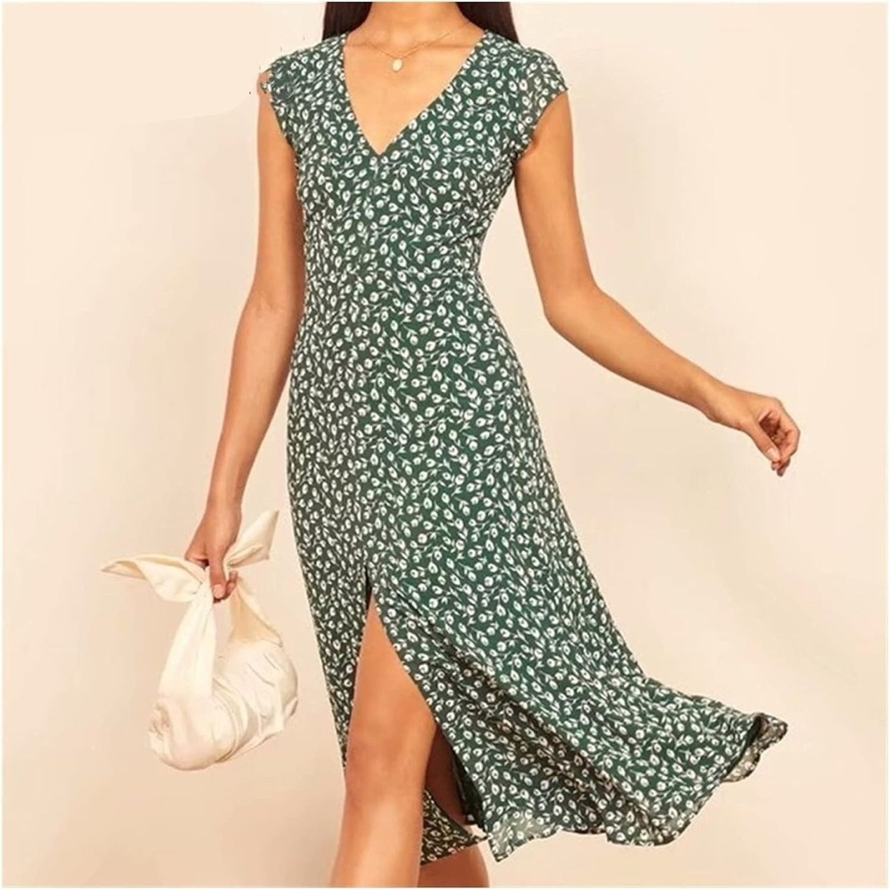 Green Floral V-Neck Midi Dress with Front Slit